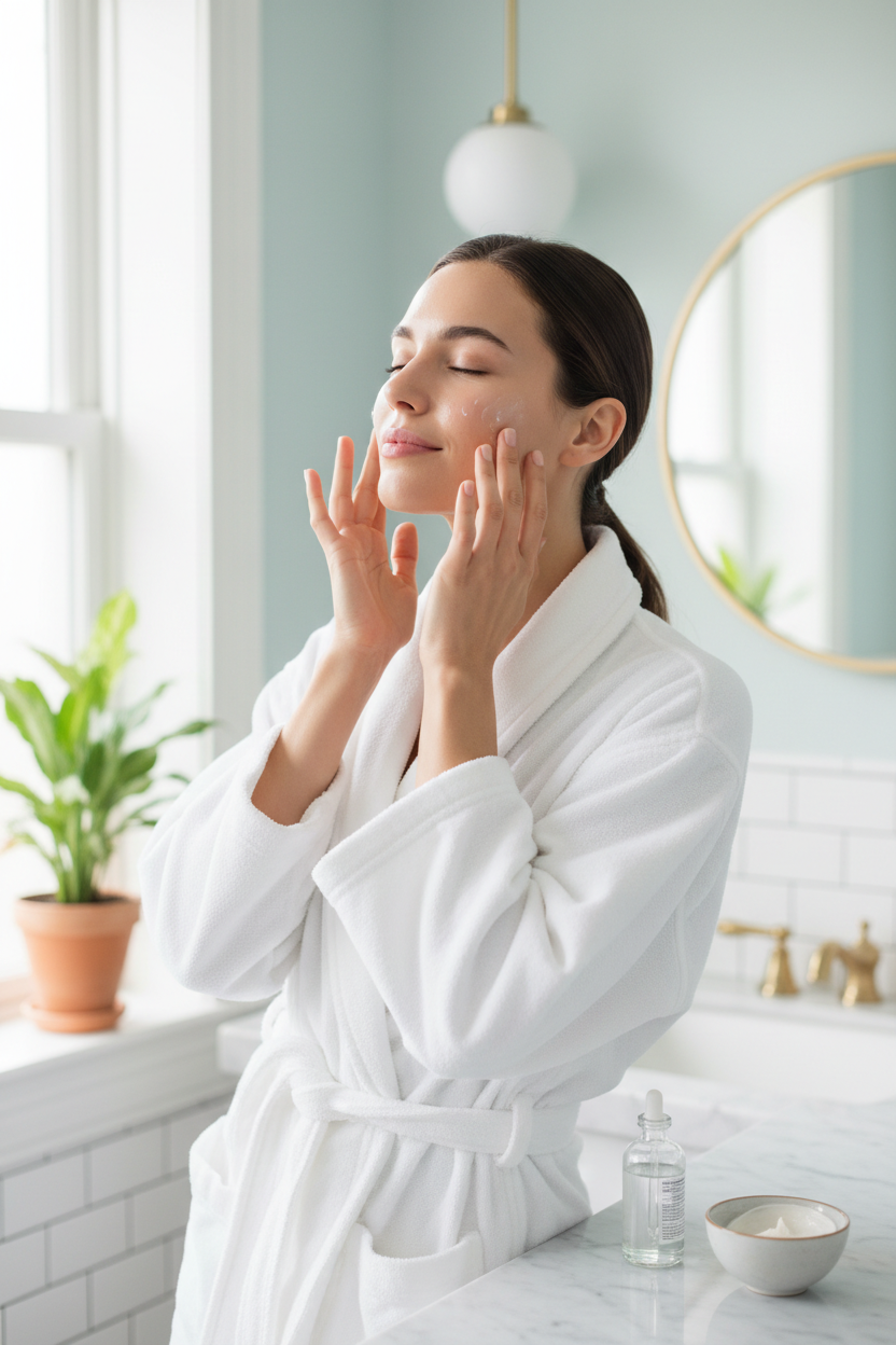 cria uma imagem nas proporções adequeadas em relação ao local que serão colocadas, esse imagem deve ser de uma modelo com grande parte do corpo enquadrada na imagem, ela deve estar fazendo algum processo de skincare